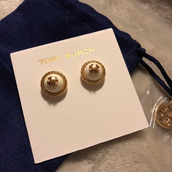 NWT Tory Burch Rope Logo Stud Earrings Ivory/Gold - Picture 4 of 5
